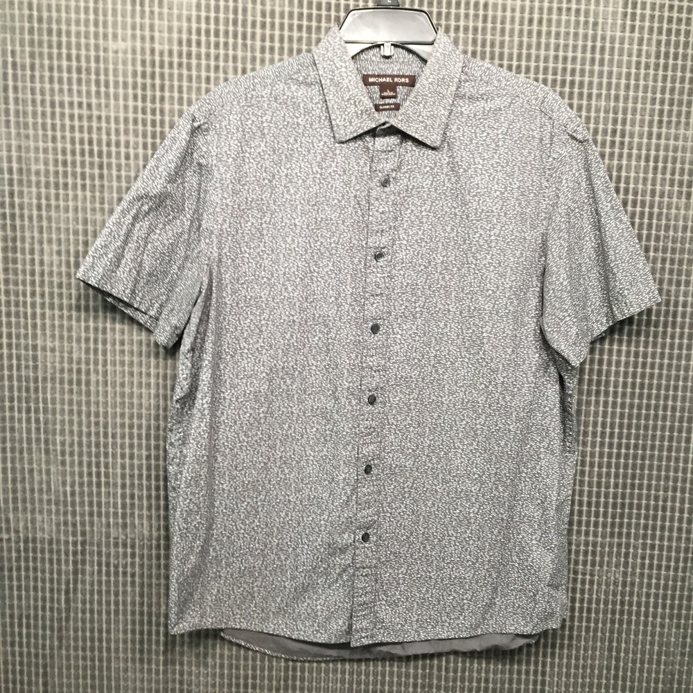 Michael Kors Men Grey White Abstract Dash Print Short Sleeve Button Down Shirt L